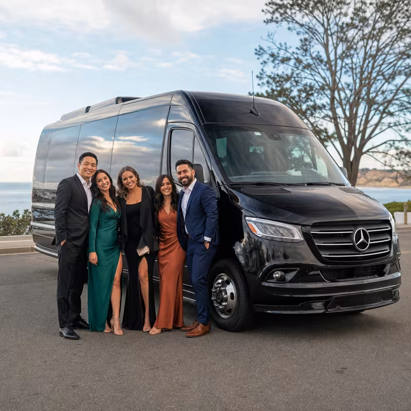 Group beside a Mercedes Sprinter limo from the San Diego fleet at the beach