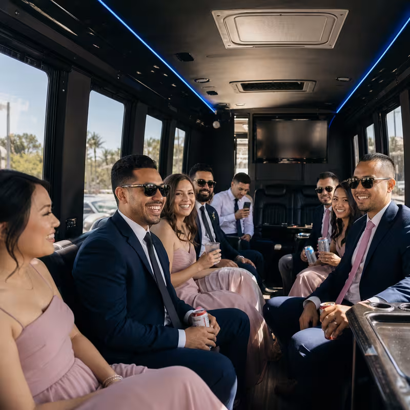 Wedding guests seated inside a San Diego party bus